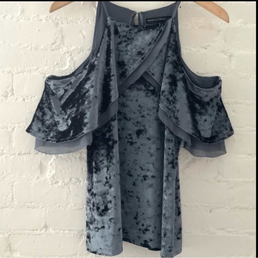 White House Black Market Crushed Velvet Cold Shoulder Flounce Top Blue Crush M